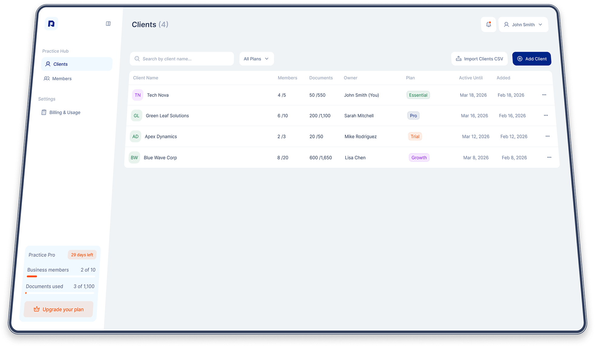 Receiptflow client dashboard showing client management with documents, members, and plan details