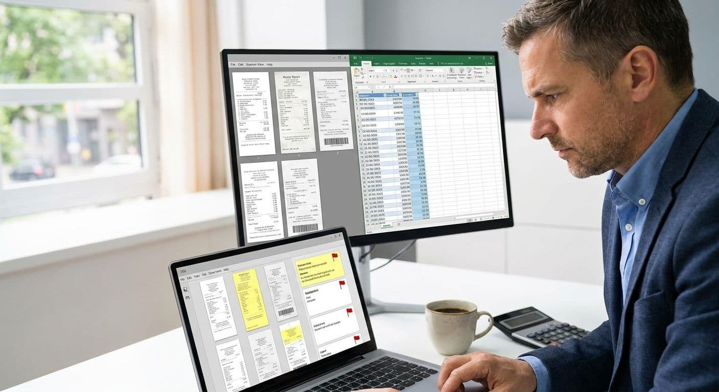 An accountant reviewing expense receipts on a laptop, checking for signs of AI generated receipt fraud.